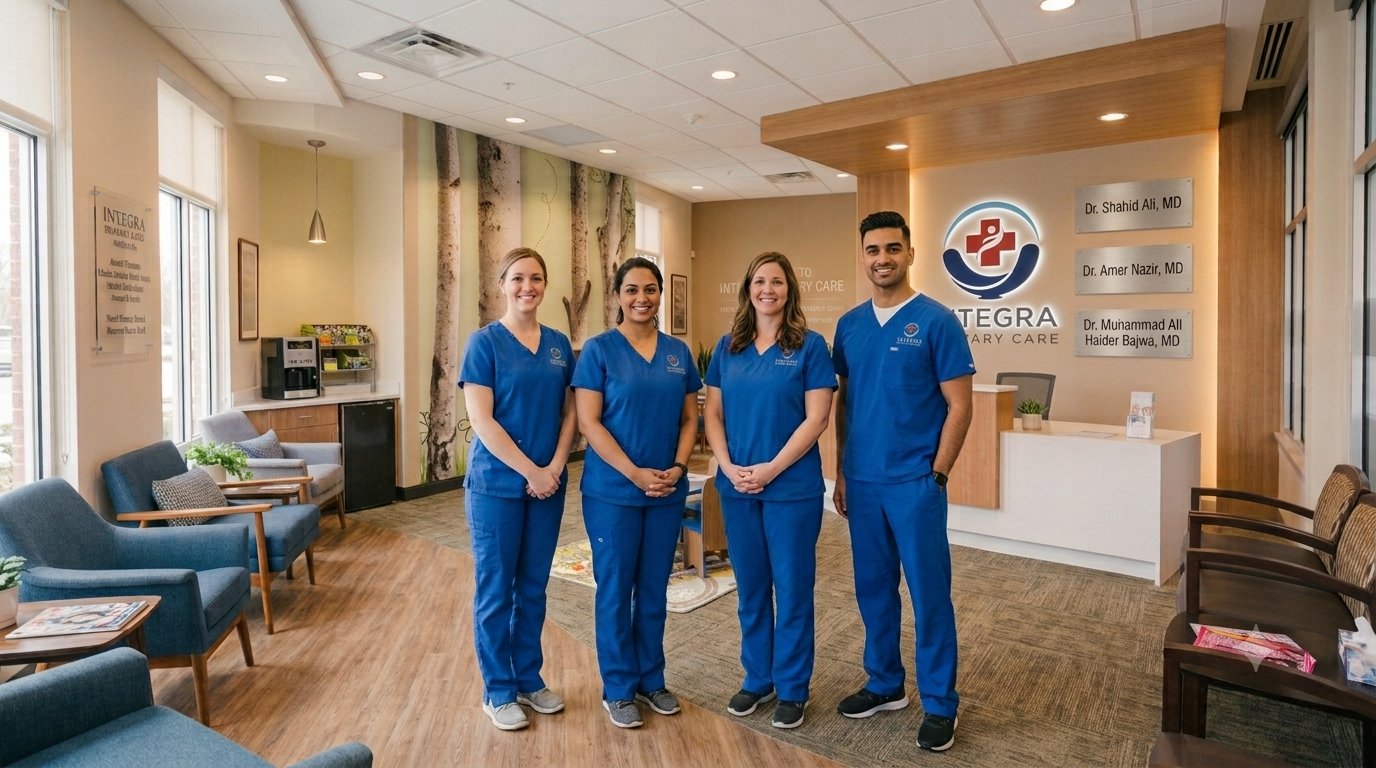 The welcoming lobby and care team at Integra Primary Care in Canton, MA